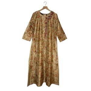 Floral Embroidered Beaded Long Kurta Dress Plus Size Floor Length Indian Garment